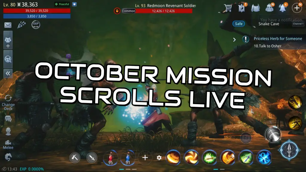 The image from Mir4 Global shows two characters in a cave-like environment preparing for combat, with various icons and text elements displayed on the screen.