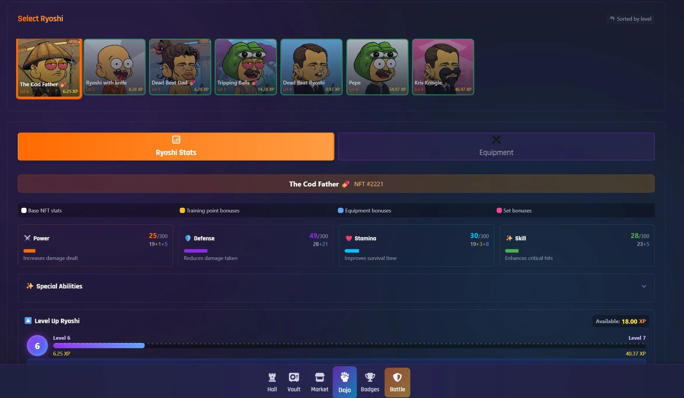 The image from Ryoshi Royale shows a game interface with various character avatars at the top, including 'The Cod Father' and others, with their levels and experience points displayed, and below, a section detailing 'Ryoshi Stats' such as power, defense, stamina, and skill attributes.
