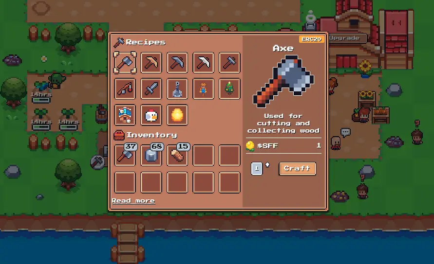 The image from Sunflower Land shows a crafting menu with various tools and items, such as an axe for wood cutting, set against a village landscape with trees, crops, buildings, and characters engaged in farming activities.