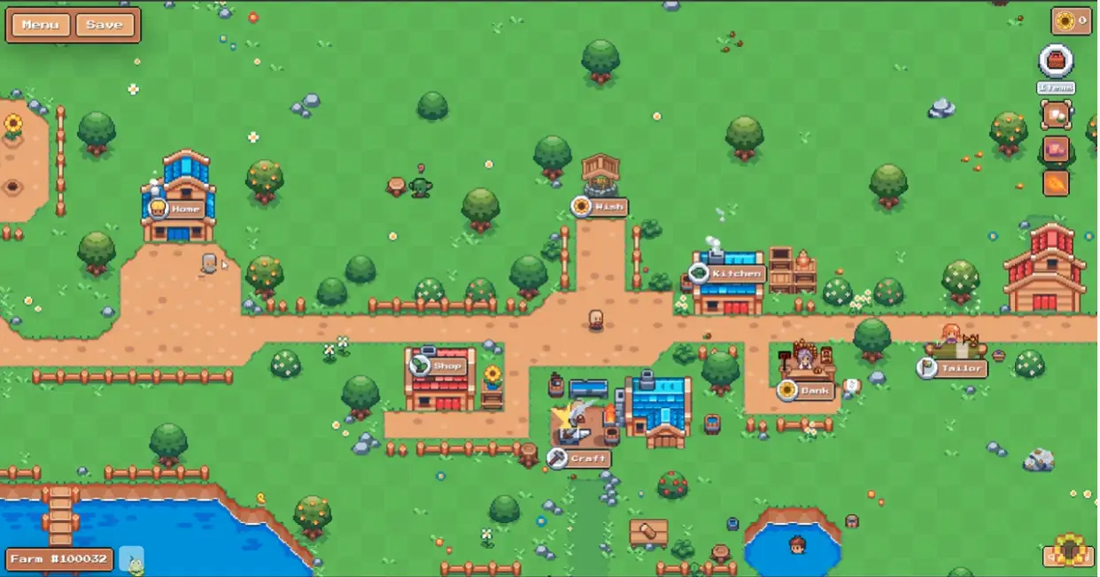 The image from Sunflower Land shows a village scene with various buildings labeled 'Home,' 'Shop,' 'Craft,' 'Kitchen,' 'Bank,' 'Wish,' and 'Tailor,' surrounded by trees and grassy terrain, featuring characters walking along dirt paths.