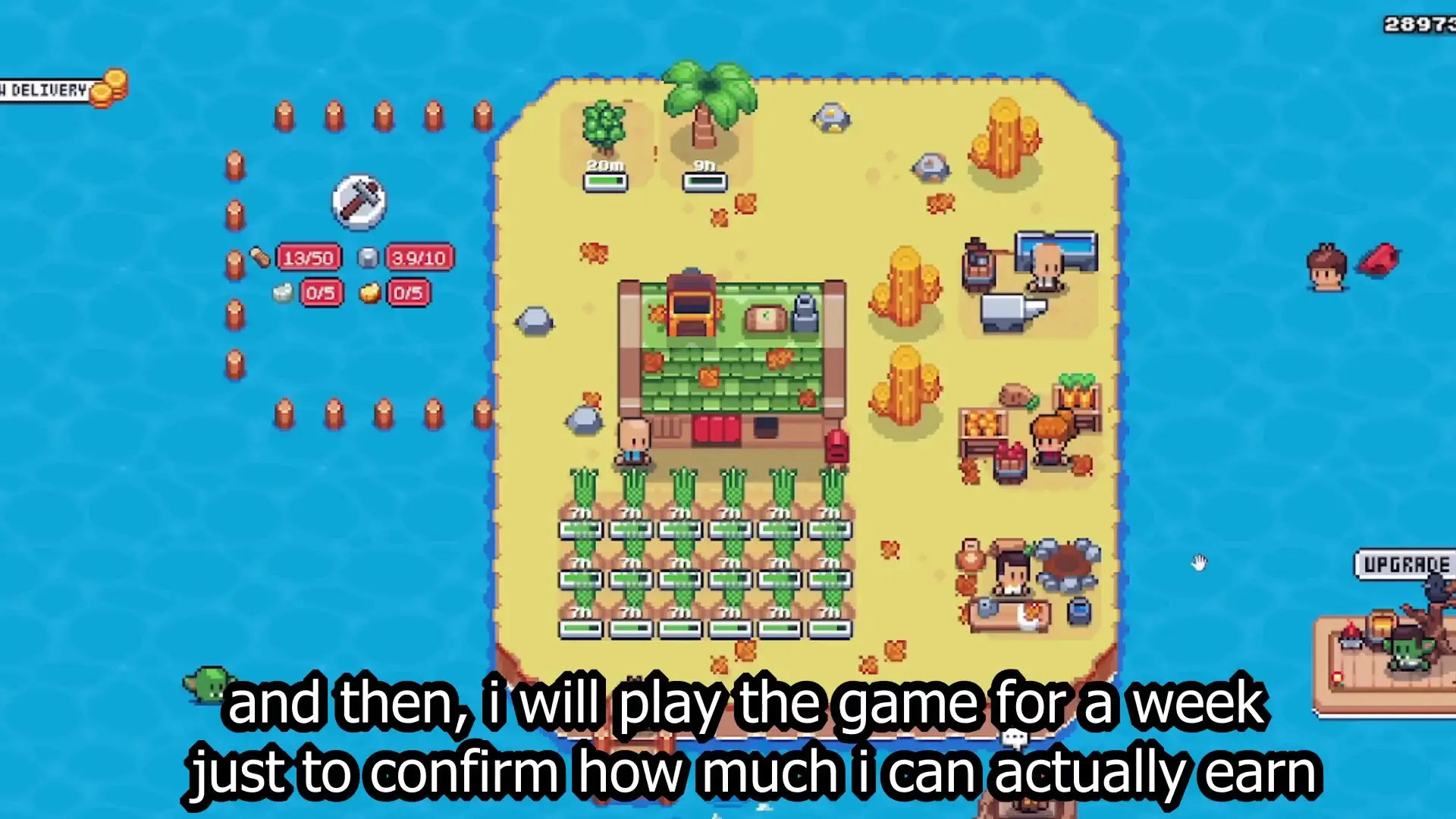 In Sunflower Land, a pixelated island scene shows various characters farming and crafting around a small house surrounded by water, with a person and a duck swimming nearby.