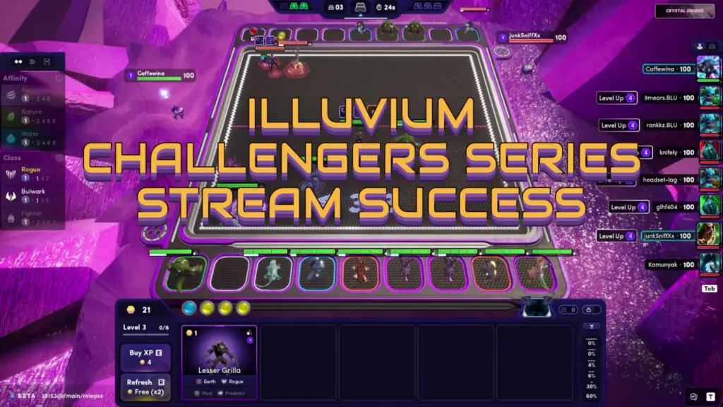 The image from Illuvium shows a game interface with characters positioned on a strategic grid, surrounded by a purple crystalline environment, and displays text about a challengers series stream success.