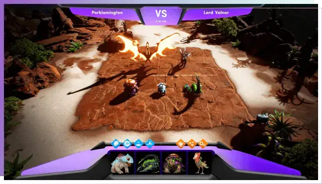 In the game Illuvium, two teams of fantastical creatures are positioned on a sandy battleground, flanked by rocky and plant-filled terrain, ready for a strategic confrontation.