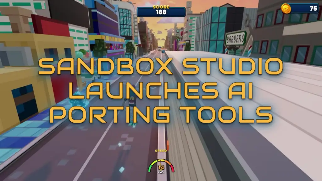 The image from The Sandbox shows a character riding a skateboard down a colorful city street lined with various buildings, while text announcing 'Sandbox Studio Launches AI Porting Tools' overlays the scene.