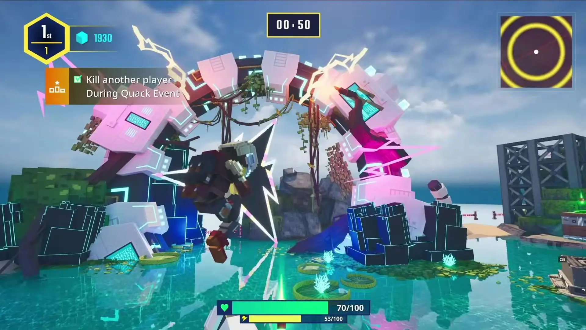 In The Sandbox, a character is jumping through a neon-lit portal surrounded by lush greenery and reflective water, with a health bar visible at the bottom.