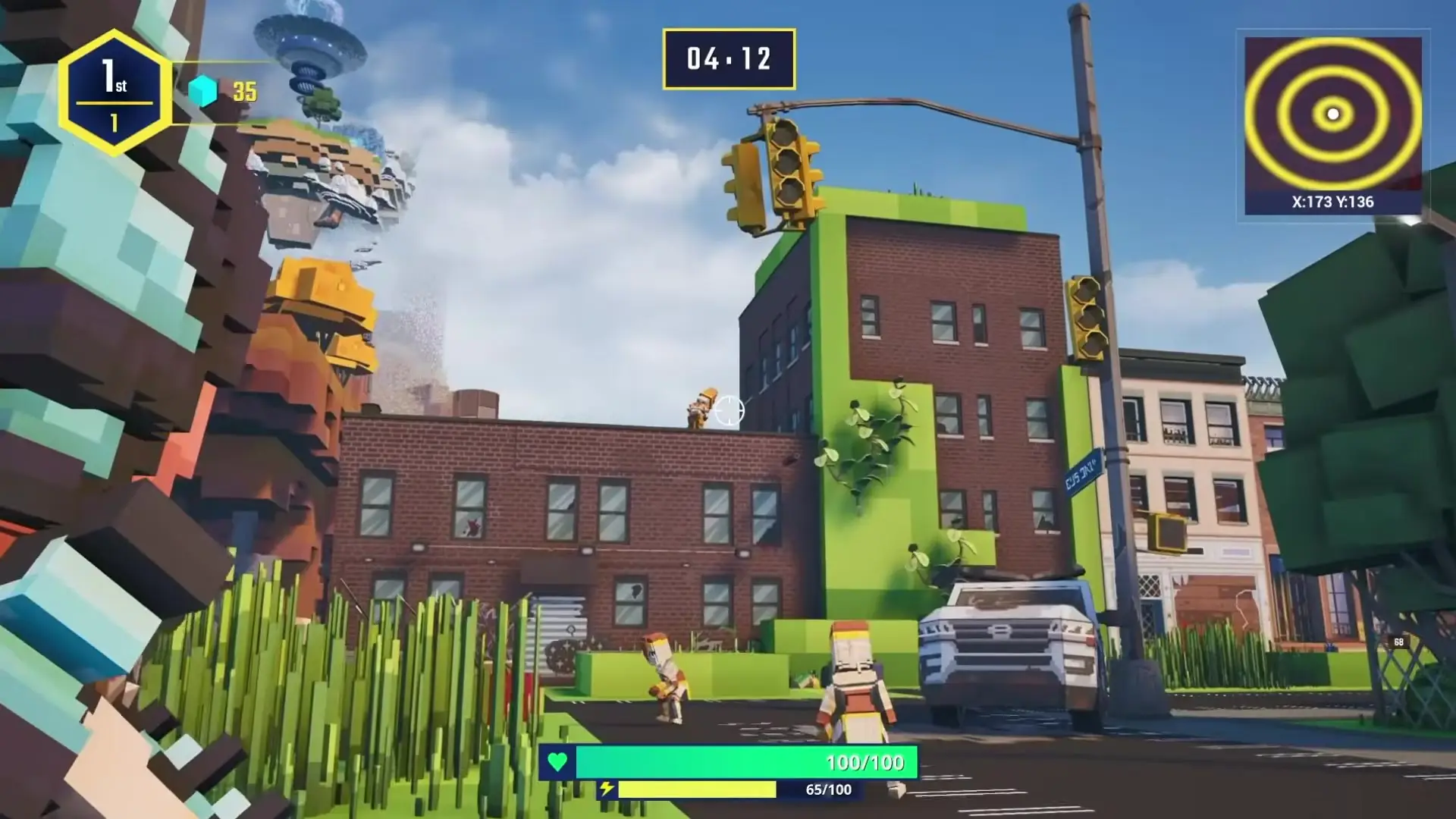 In 'The Sandbox,' the image depicts characters in a cityscape with brick buildings, overgrown vegetation, and floating islands in the sky, as the players move through the environment.