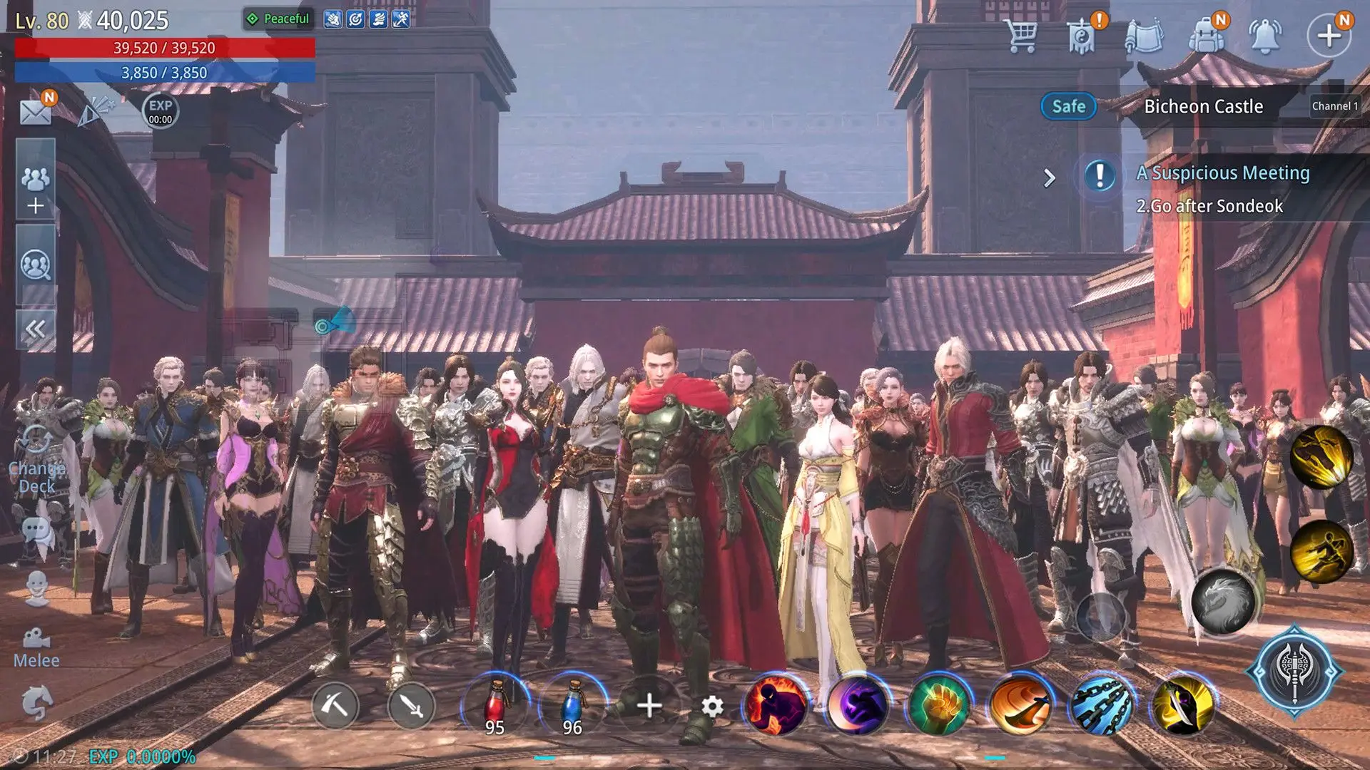 In the game MIR4, a large group of diverse characters in elaborate armor stands together in a courtyard within Bicheon Castle, where a quest titled 'A Suspicious Meeting' is displayed on the user interface.
