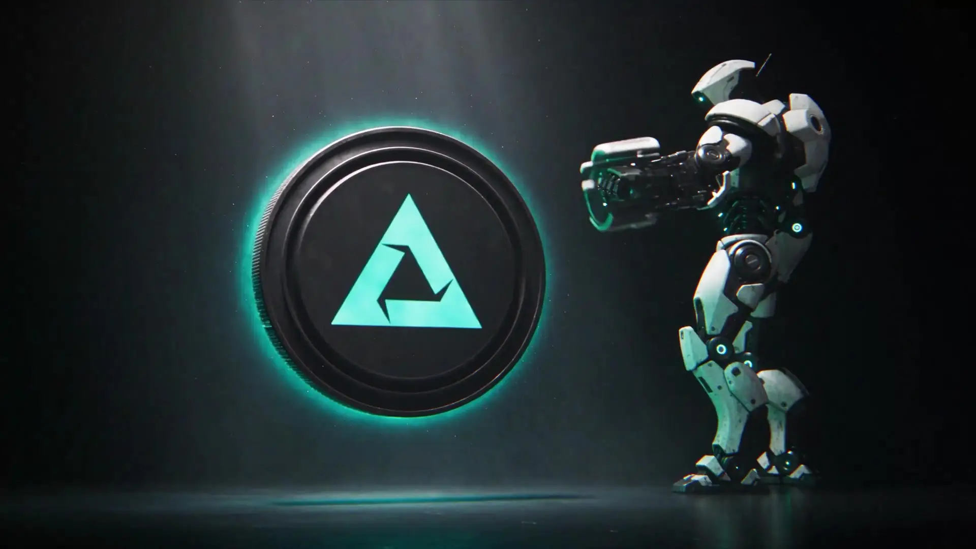 A black coin with a glowing teal triangle logo in a dark room, with a white robot beside it aiming a large gun at it. A black coin with a glowing teal triangle logo in a dark room, with a white robot beside it aiming a large gun at it.