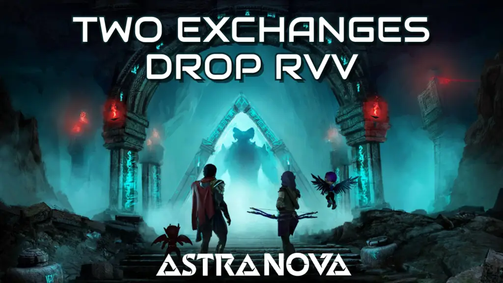 Three characters stand at the entrance of an ancient, glowing blue cavern in Astra Nova, looking toward a triangular portal that reveals a large, shadowy figure inside.