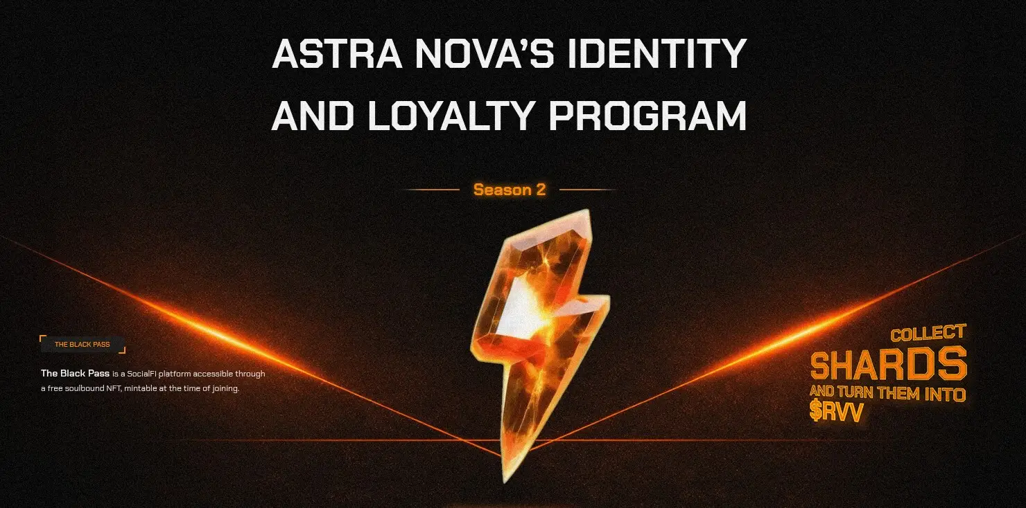 This image displays an advertisement for Astra Nova's Identity and Loyalty Program Season 2, featuring a central, glowing orange crystal shard against a dark background, flanked by text on the left about a 'Black Pass' and on the right inviting users to collect shards for $RVV.
