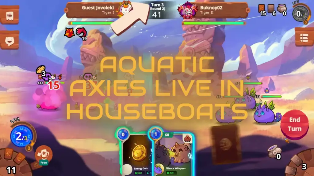 In the game Axie Infinity, cartoonish creatures are in a colorful landscape with timer and health bars displayed above, and a card selection panel visible at the bottom.