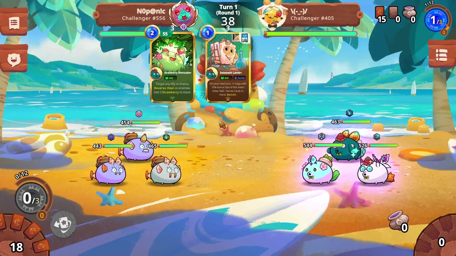 In the Axie Infinity image, various colorful and round creatures with different features are engaged in a battle on a sandy beach setting with palm trees and a bright blue ocean in the background, while two skill cards are displayed at the top center.