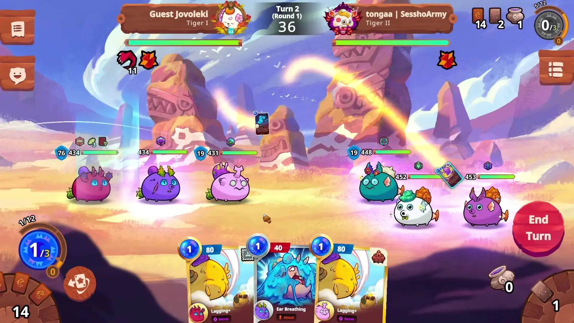 The image from Axie Infinity shows a battle scene with six colorful, creature-like characters in a desert environment with rocky formations, where cards are being used strategically in the game interface.