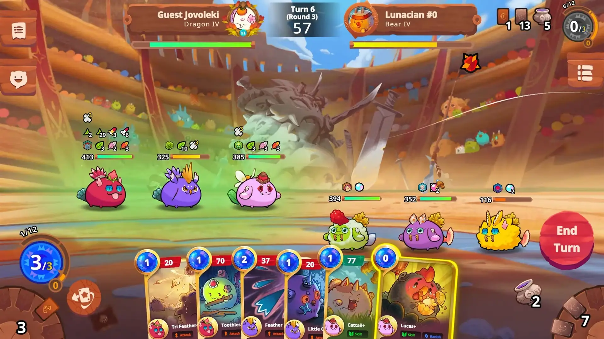In the game Axie Infinity, a battle scene is shown in an arena setting with colorful Axie characters facing each other, each displaying their health stats and various cards at the bottom indicating possible moves.