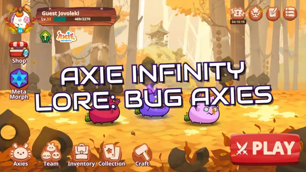 Axie Infinity, three cartoon creatures in a forest, menu options visible, text overlayed