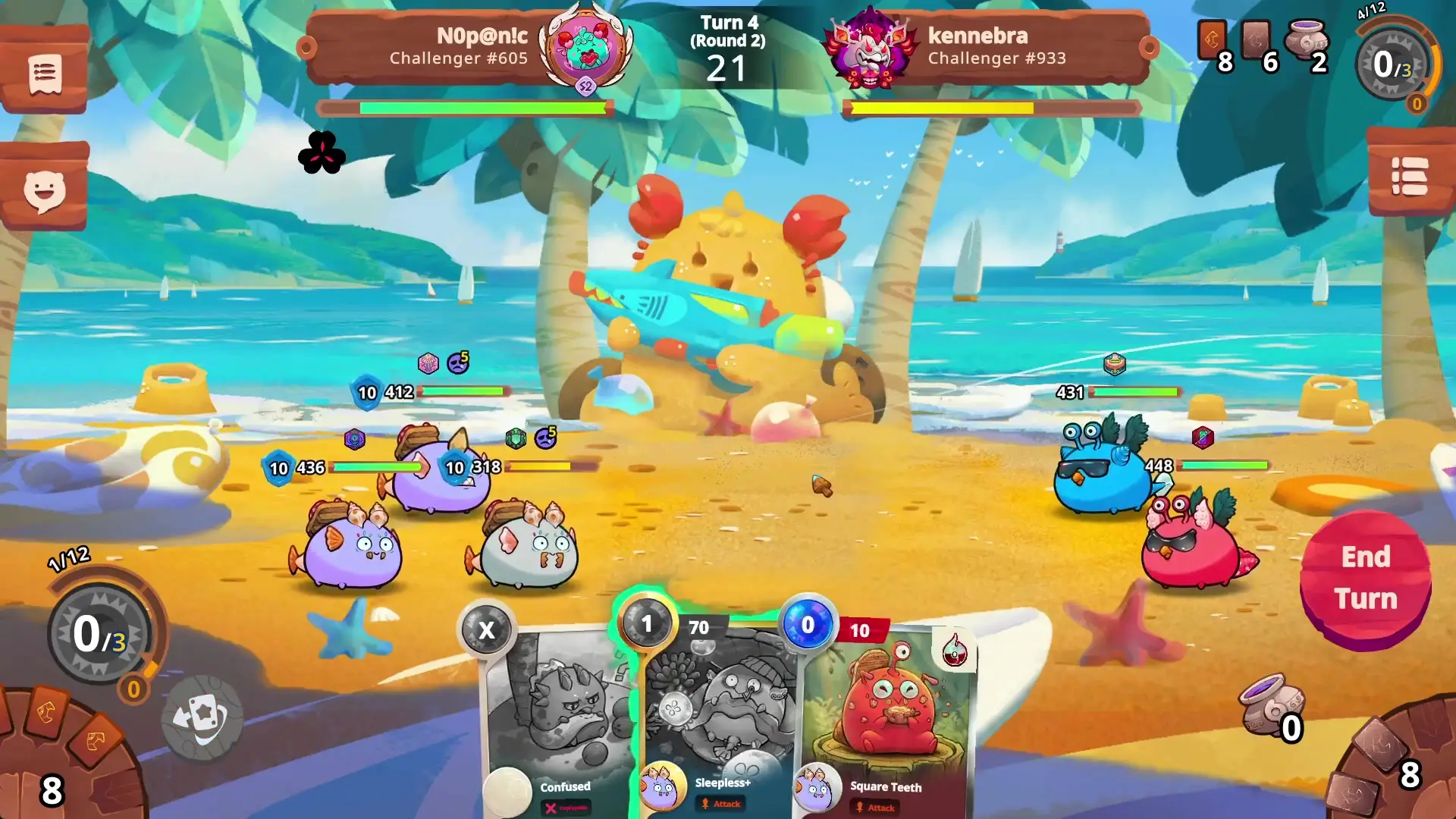 Axie Infinity battle scene on a beach with characters, cards, and player stats displayed Axie Infinity battle scene on a beach with characters, cards, and player stats displayed