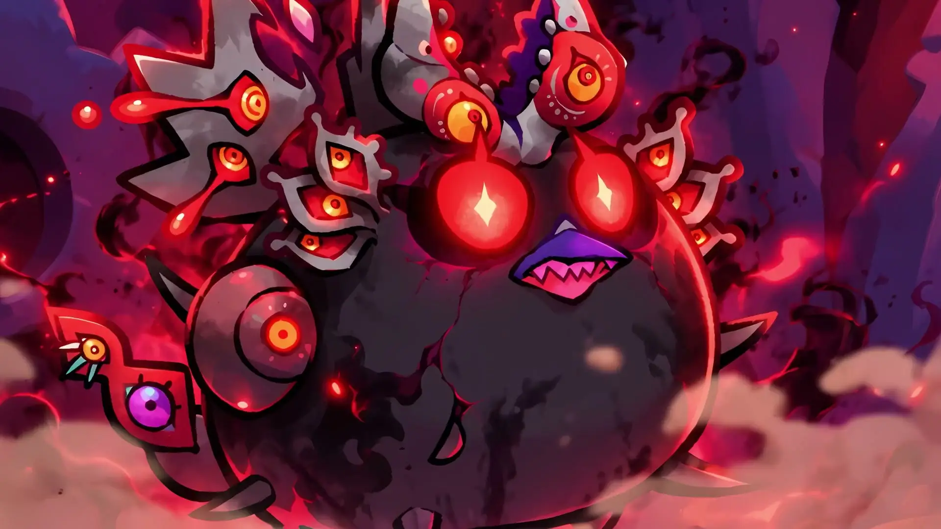 Axie Infinity: Terrariums Nightmare Axie close-up: black body, glowing red eyes, fanged mouth and red horns in red smoke Axie Infinity: Terrariums Nightmare Axie close-up: black body, glowing red eyes, fanged mouth and red horns in red smoke