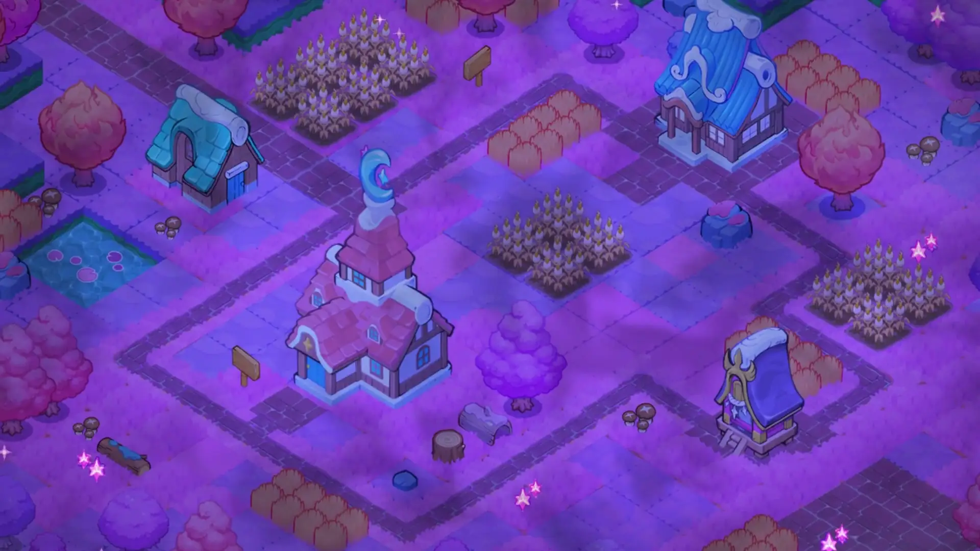 Axie Infinity: Terrariums plot turned dark purple for Halloween, with withered crops, blue-roofed houses and orange trees Axie Infinity: Terrariums plot turned dark purple for Halloween, with withered crops, blue-roofed houses and orange trees
