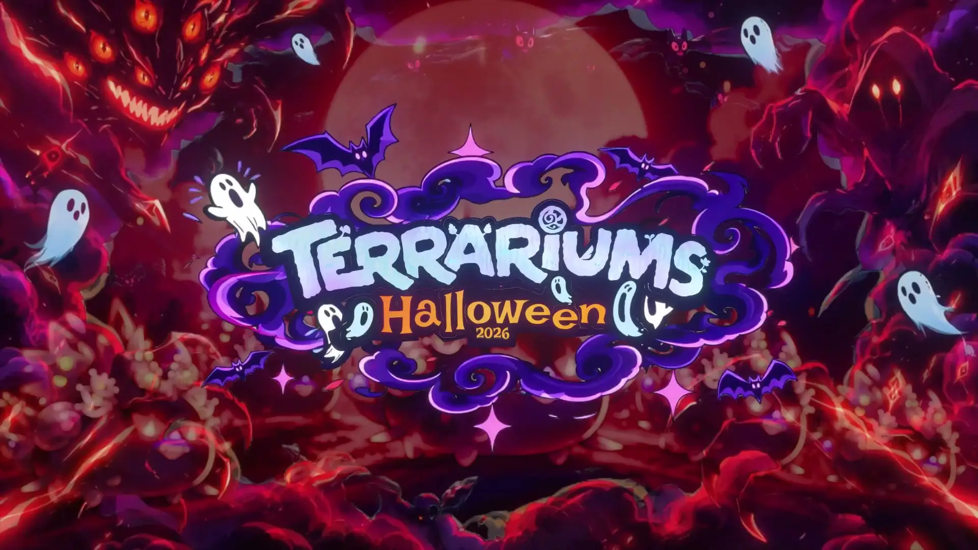 Axie Infinity: Terrariums Halloween 2026 logo with ghosts and bats over a red moon and shadowy, grinning monsters Axie Infinity: Terrariums Halloween 2026 logo with ghosts and bats over a red moon and shadowy, grinning monsters