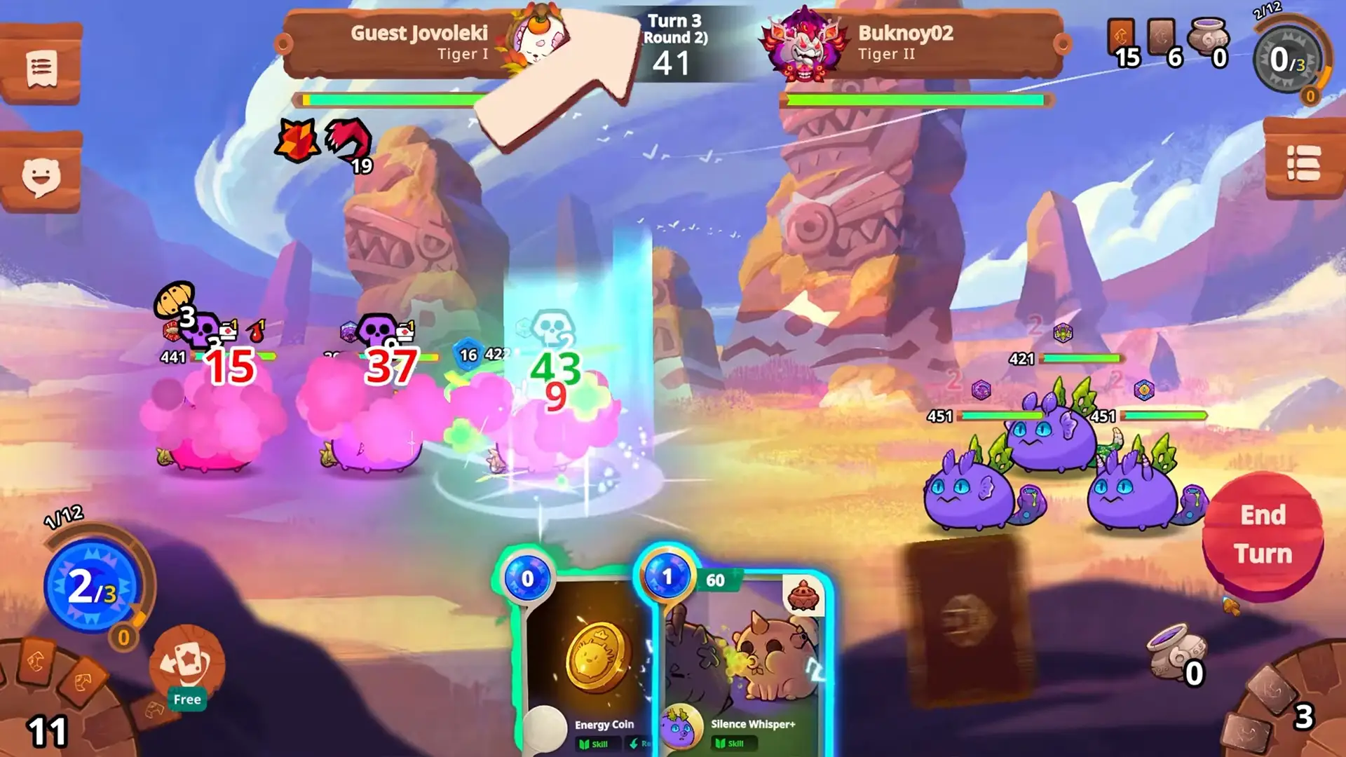 Axie Infinity battle scene with cartoon creatures and cards in a colorful landscape during a player's turn