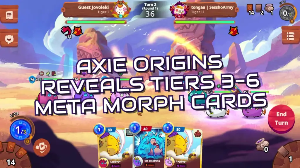 The image from Axie Infinity shows a battle scene featuring cartoonish creature characters on a desert-like landscape, with various stats and cards visible on the interface.