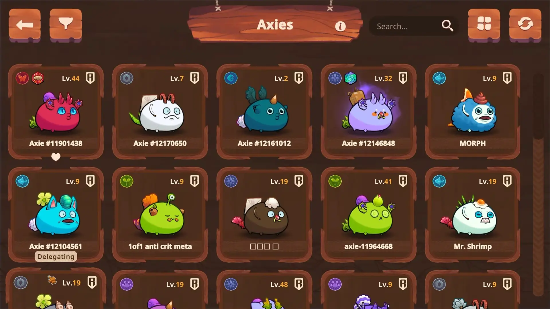 The Axie Infinity image shows a grid of various Axie characters with distinct colors and features, displayed in a game interface that includes their levels and unique identifiers.