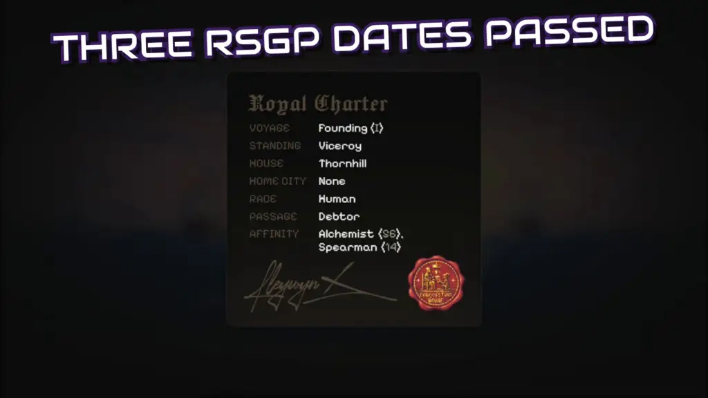 A Founding Charter card from the Cambria game, listing Voyage Founding, Standing Viceroy and House Thornhill, with a red wax seal, under the words "Three RSGP dates passed".