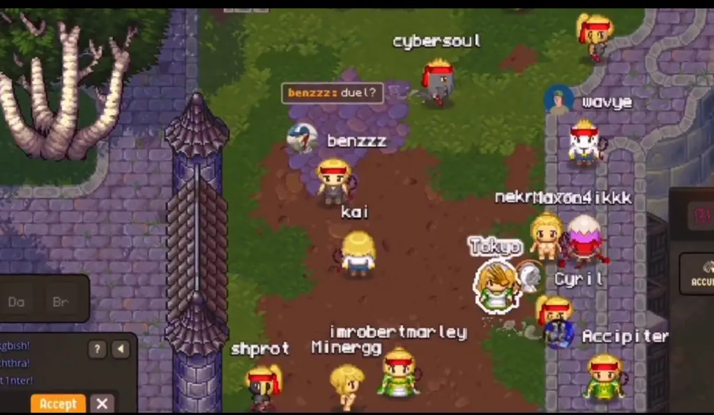 Players in a town in the Cambria game, with their names above their heads.