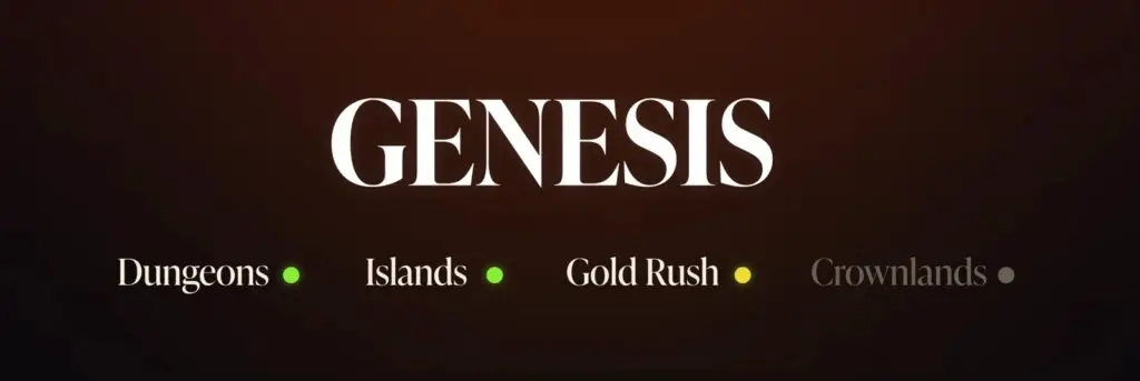 A dark banner reading GENESIS above the words Dungeons, Islands, Gold Rush and Crownlands.