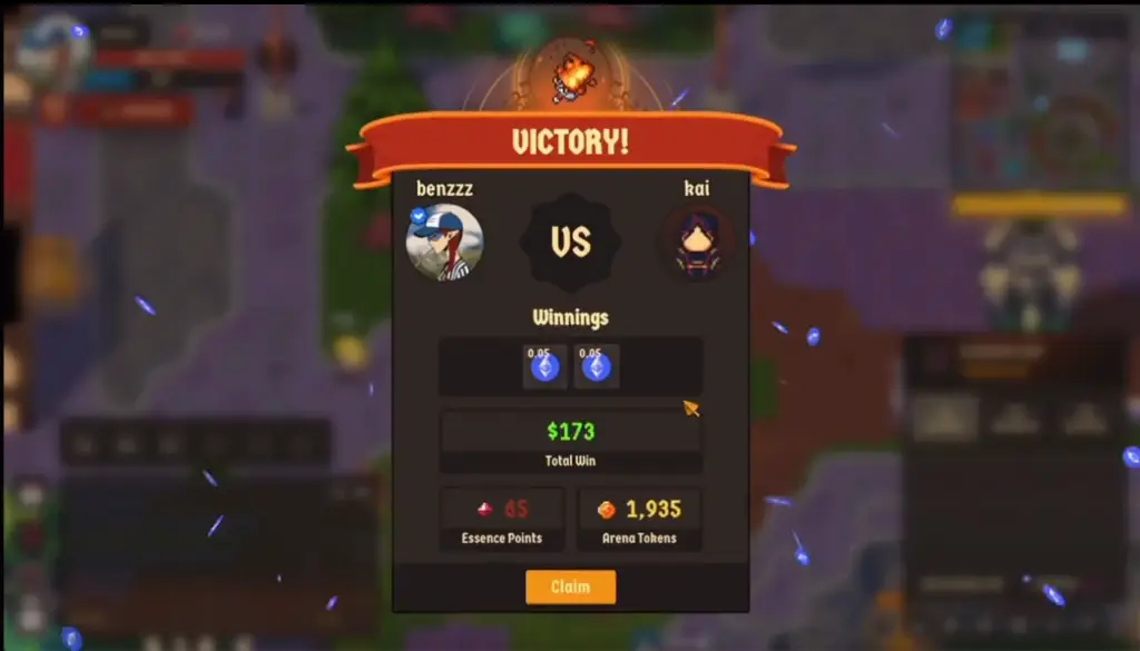 A Duel Arena victory screen showing two 0.05 ETH stakes as winnings.