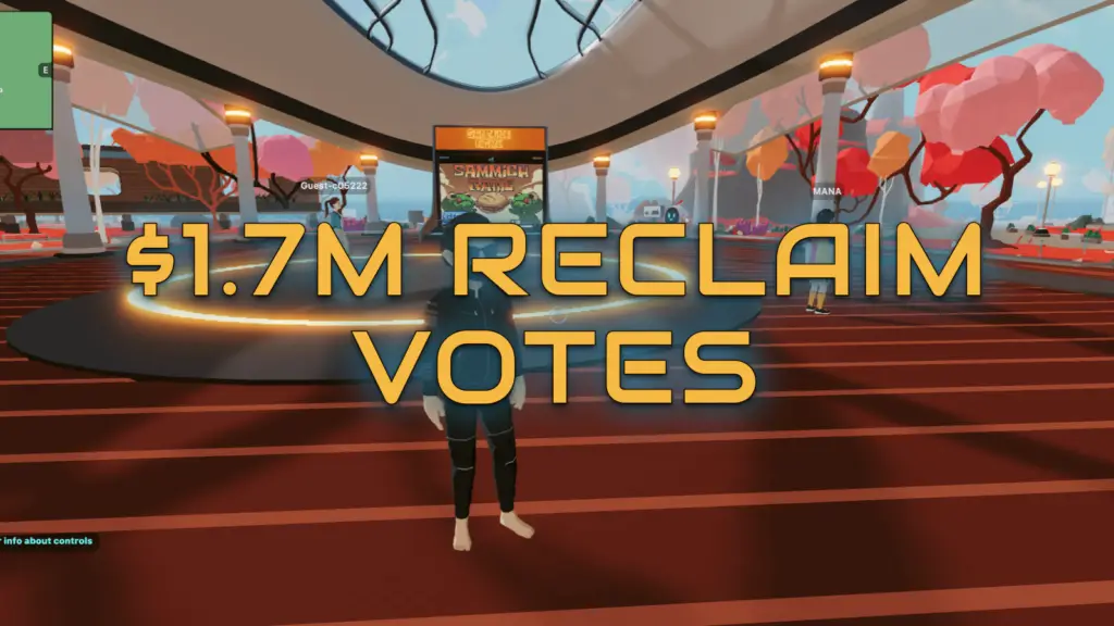 In Decentraland, an avatar stands on a striped floor in front of a 'Sammich Game' poster, surrounded by pink and orange trees, with the text '$1.7M RECLAIM VOTES' prominently displayed.