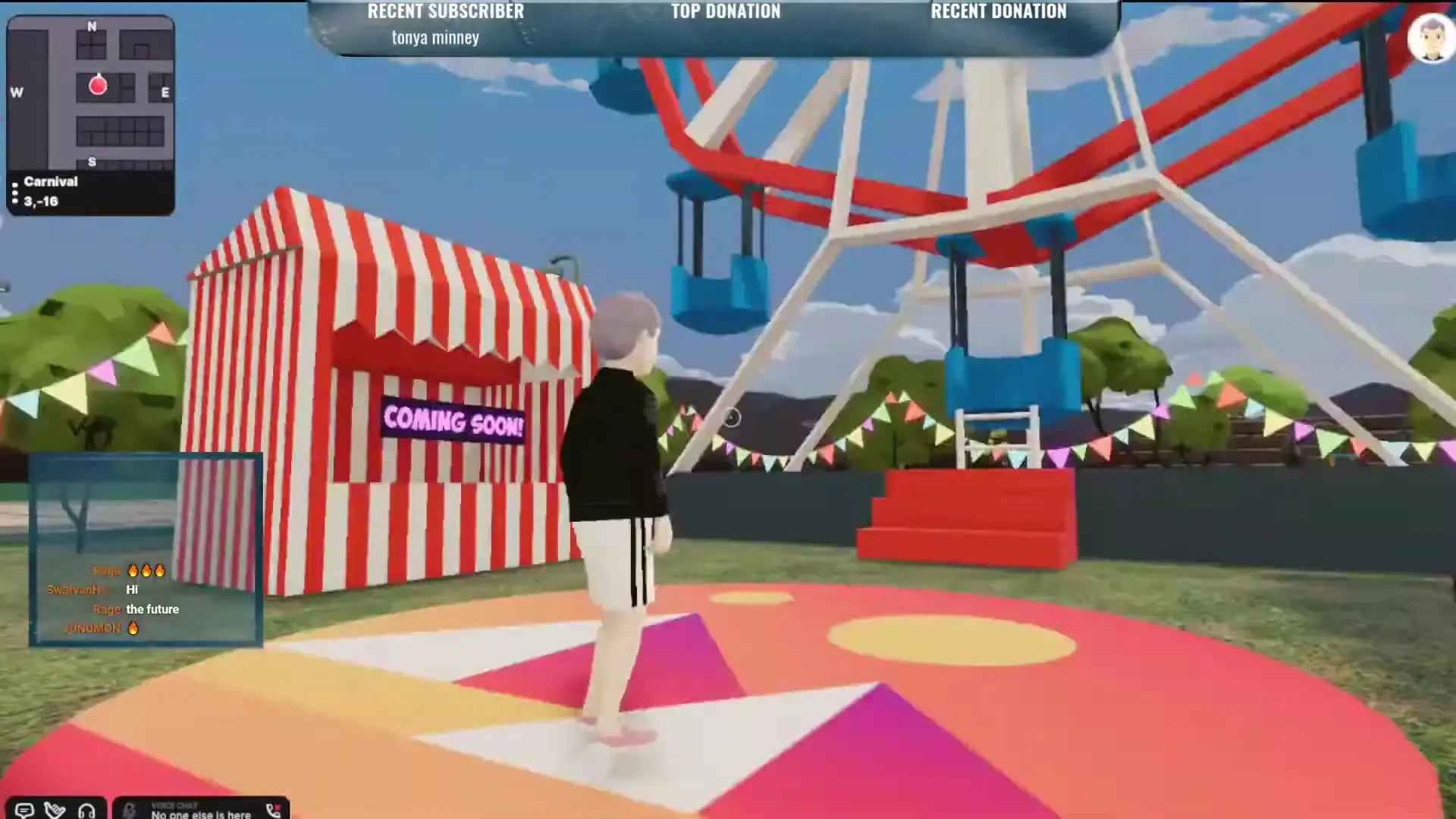 In Decentraland, a character stands on a colorful circular platform near a Ferris wheel and a red and white striped booth displaying a 'Coming Soon' sign, with trees and bunting visible in the background.