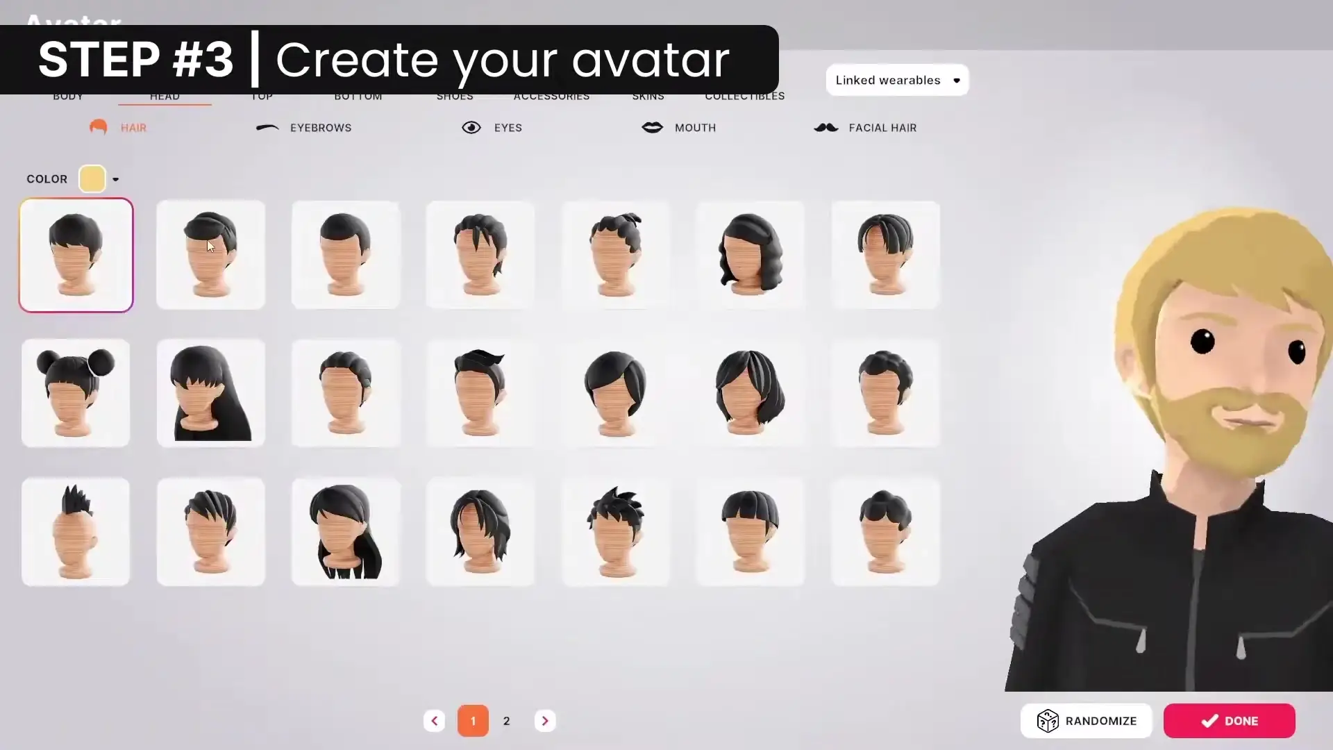 In Decentraland, the image shows an avatar customization screen focusing on hairstyle selection, with various hair options displayed and an avatar preview on the right.
