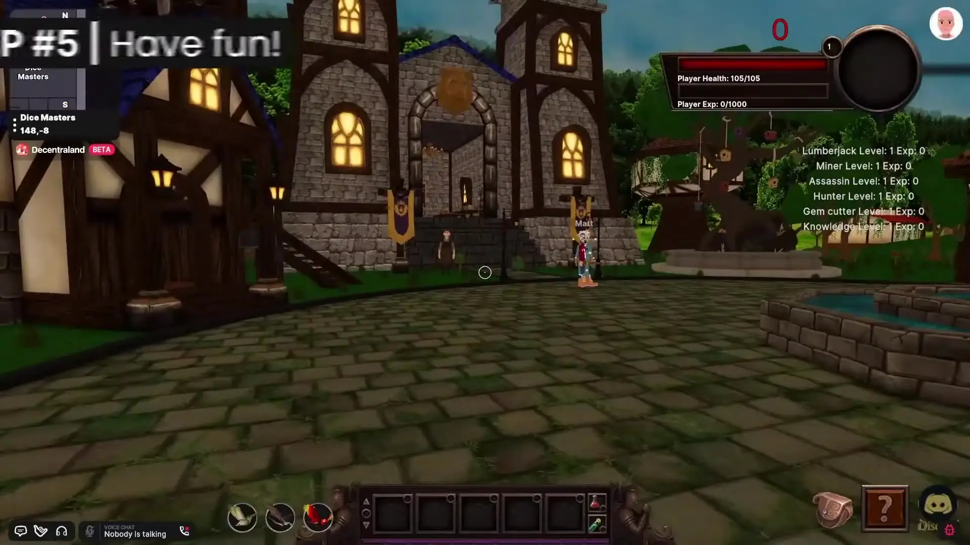 In Decentraland, a cobblestone plaza is bordered by medieval-style buildings, with two characters standing near a decorative fountain and a signpost.