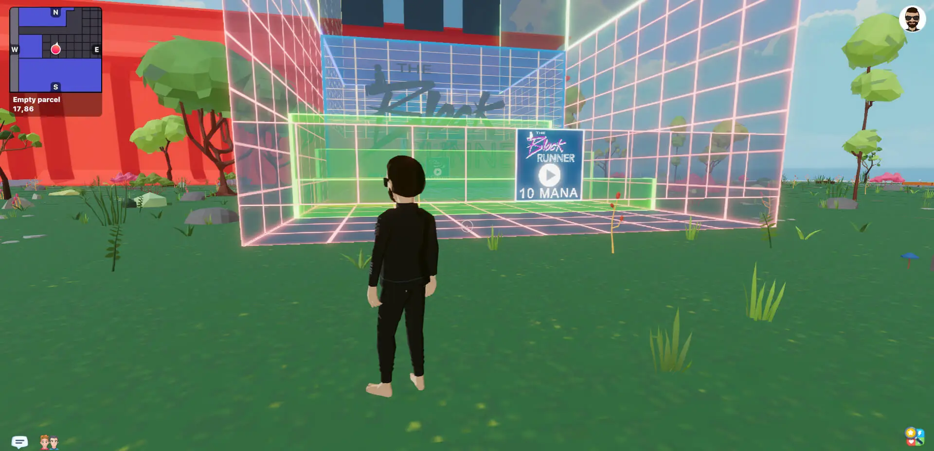 A player's avatar stands in a green field in front of a wireframe building in Decentraland, with a sign priced at 10 MANA