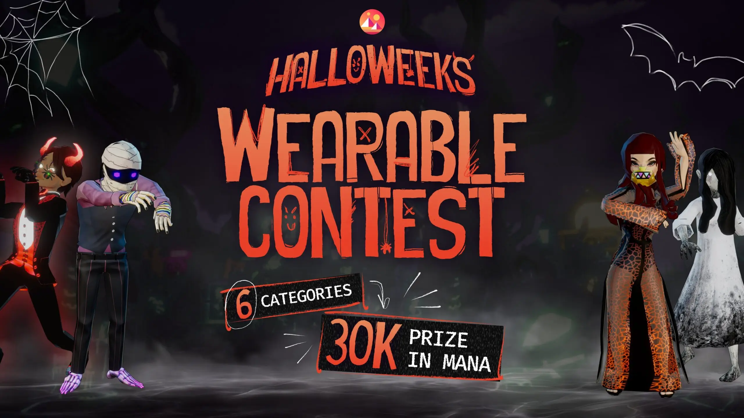 Halloweeks Wearable Contest poster with avatars in Halloween costumes, six categories and a 30K prize in MANA