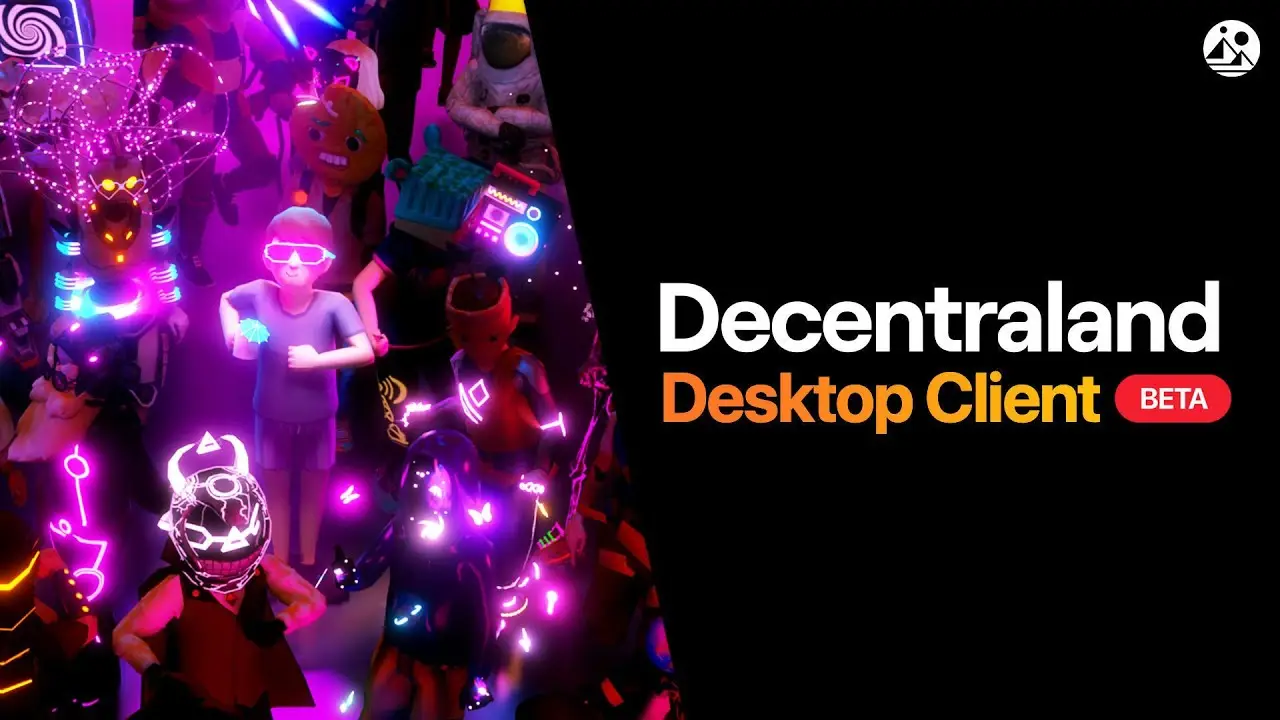 Decentraland Desktop Client beta banner beside a crowd of glowing avatars at a party