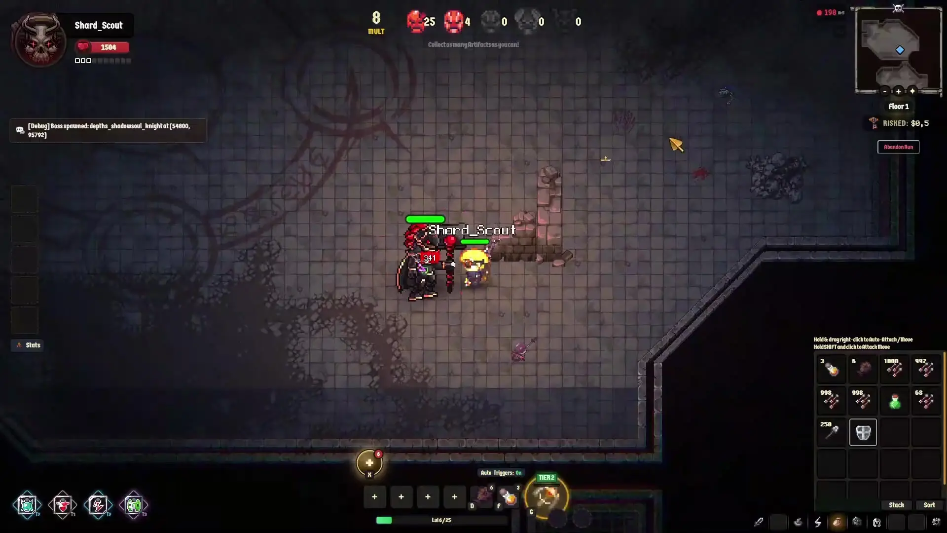Cambria, characters Shard_Scout fighting on a dungeon floor with health bars and inventory visible Cambria, characters Shard_Scout fighting on a dungeon floor with health bars and inventory visible