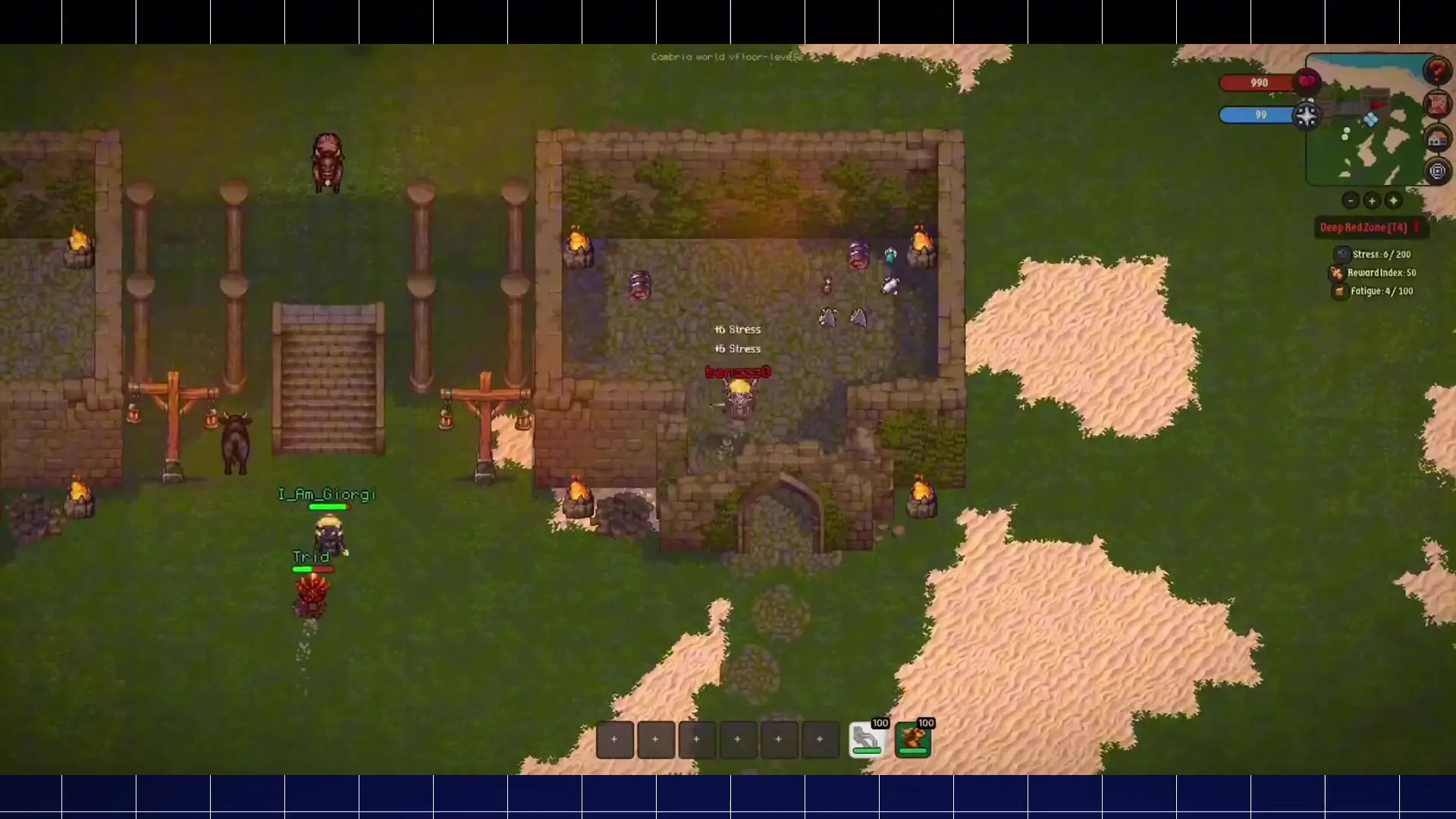 Cambria, overhead view of grassy area with a stone building and characters named I_Am_Giorgi and Trid on the ground Cambria, overhead view of grassy area with a stone building and characters named I_Am_Giorgi and Trid on the ground