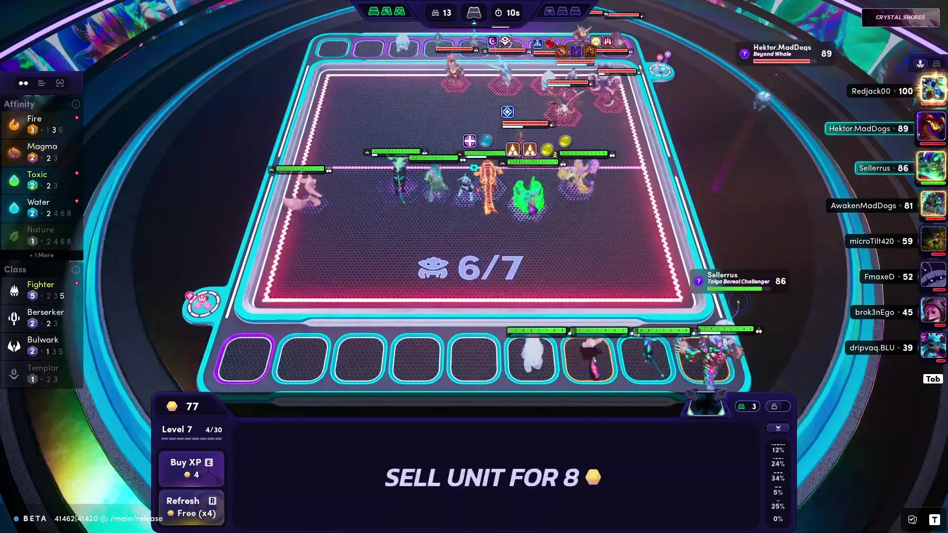 This image from Illuvium shows a strategic gameplay board where various characters are positioned opposite each other in a neon-lit arena, with player stats displayed on the sides.