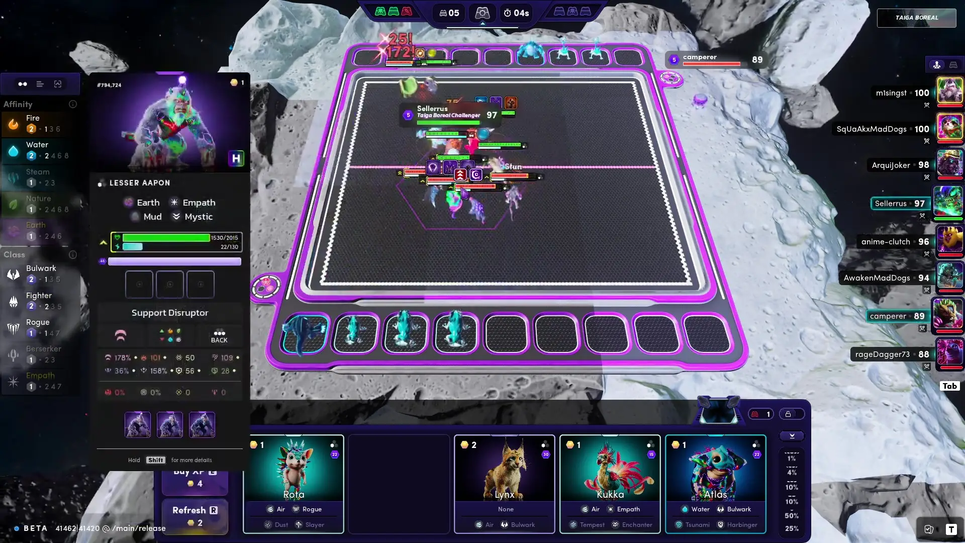 Illuvium, characters on a game board in a space-like setting, statistics and character cards visible Illuvium, characters on a game board in a space-like setting, statistics and character cards visible