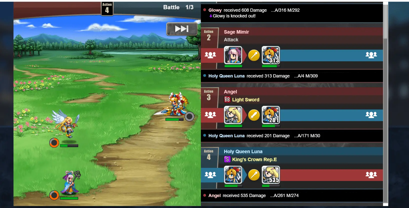 This screenshot from Brave Frontier Heroes depicts a turn-based battle on a grassy field, where characters including Sage Mimir, Angel, and Holy Queen Luna are engaged in combat with an enemy unit named Glowy, whose health has been depleted by attacks.