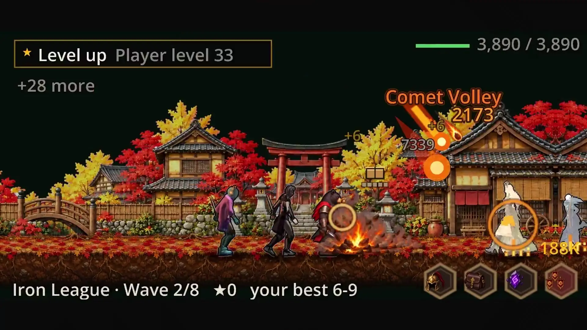 Pixel-art samurai fight in an autumn village with a torii gate, with the game's health and damage numbers on screen.