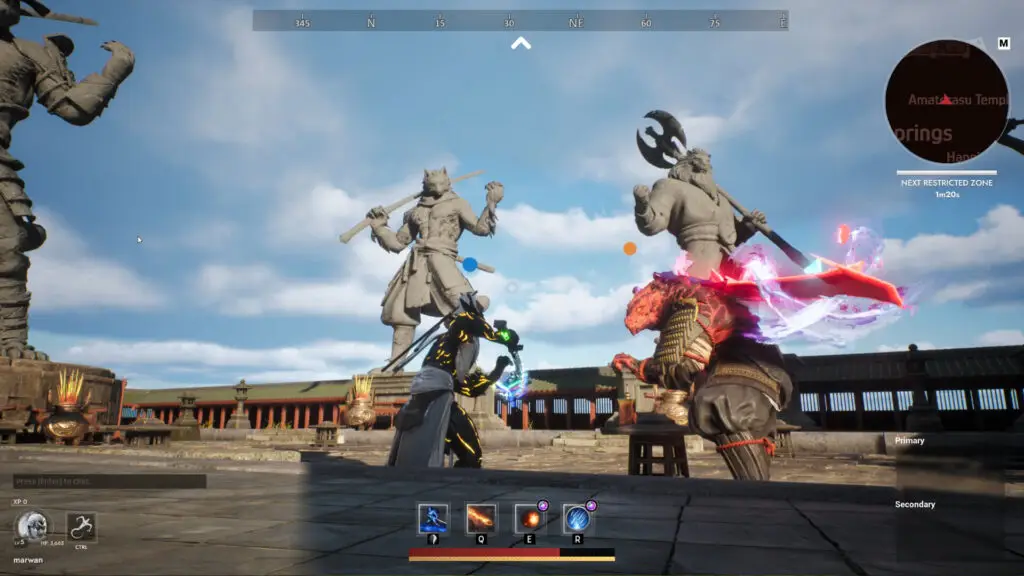 Katana Inu Steam screenshot of two armoured animal warriors fighting in a temple courtyard, with the skill bar and minimap on screen