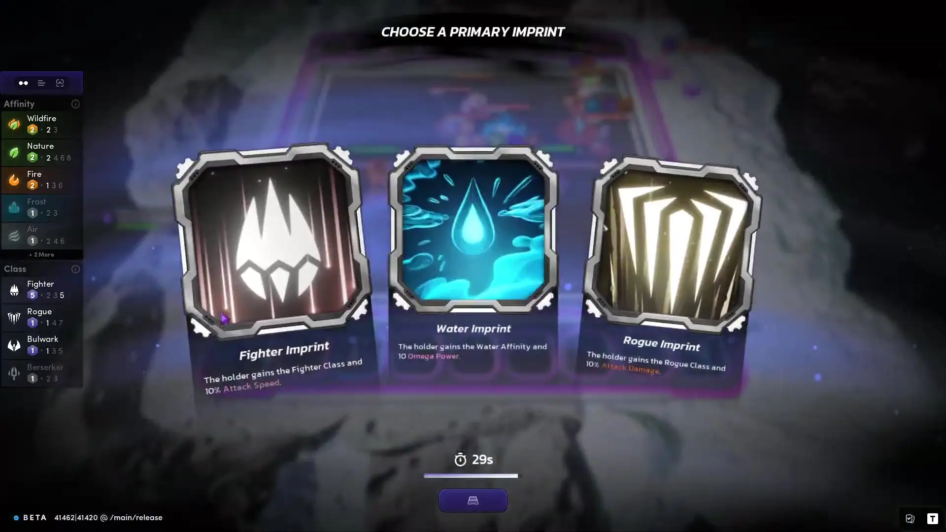 In the game Illuvium, the image shows a selection screen with three imprint options: Fighter, Water, and Rogue, each providing different abilities to the player character.