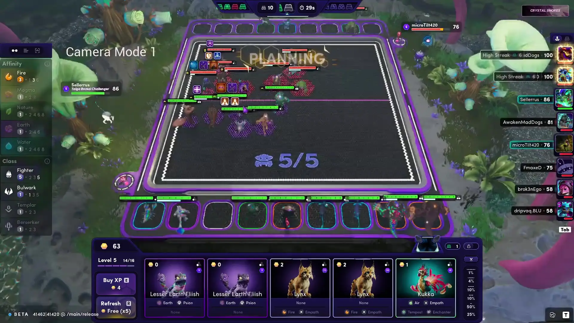 In Illuvium, the game interface displays a battle arena with various characters positioned on a grid, surrounded by a lush, alien landscape with large mushrooms and purple foliage.