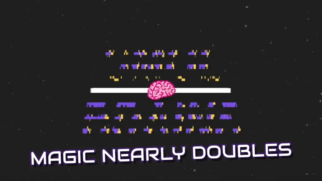 In the game 'smol', a pixelated pink brain is positioned centrally on a dark, starry background with purple and yellow pixel shapes surrounding it, accompanied by the text 'MAGIC NEARLY DOUBLES' at the bottom.
