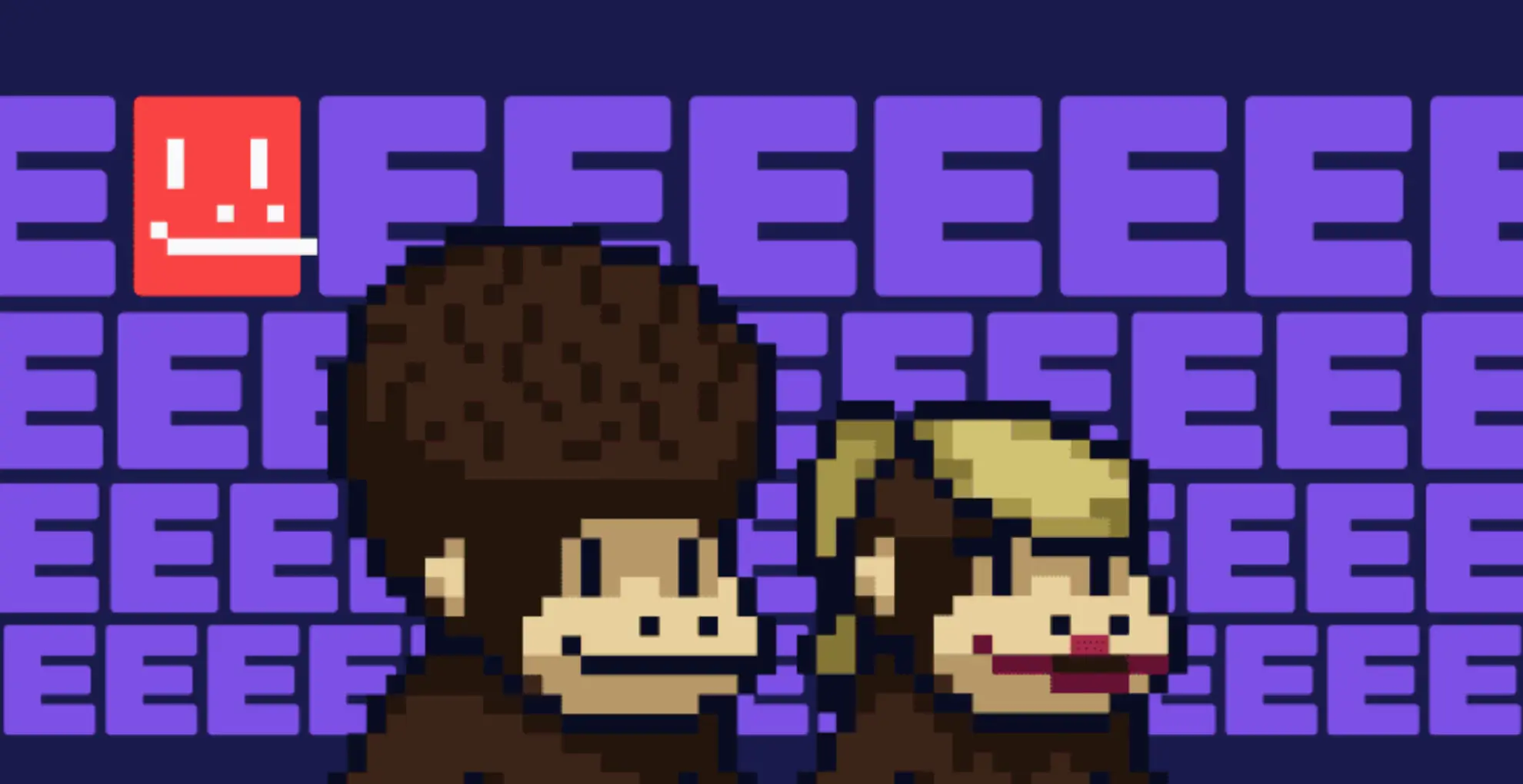 The image shows two pixelated monkey characters with hairstyles standing side by side against a background of purple 'E's and a red square with a smiling face.