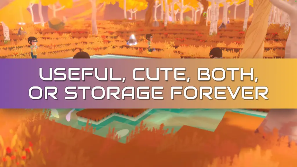 In the game My Neighbor Alice, several characters stand near a reflective pond in a colorful autumn forest, surrounded by vibrant trees and scattered rocks.