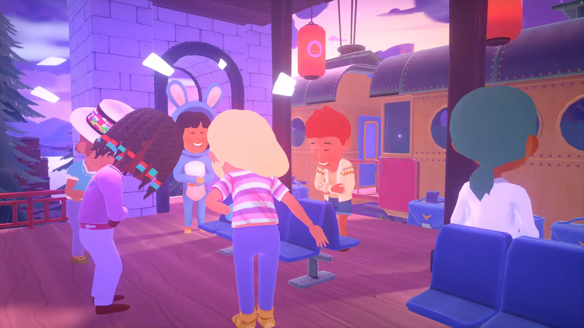 In 'My Neighbor Alice', a group of characters stand on a wooden platform near a train, with one character wearing bunny ears and others dressed in colorful outfits, under a purple sky.